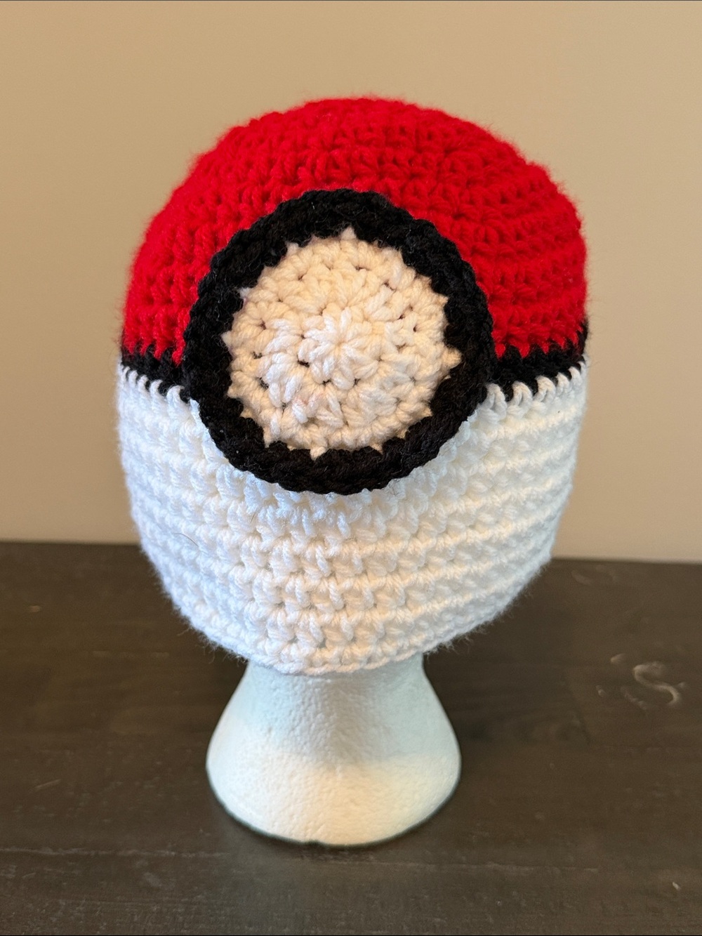 Red and White Crochet Pokeball-Style Beanie